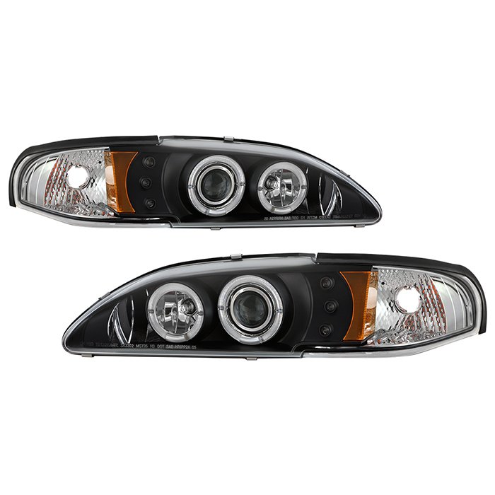 ( Spyder Signature ) Fits Ford Mustang 94-98 1PC Projector Headlights - LED Halo - Amber Reflector - LED ( Replaceable LEDs ) - Black - High 9005 (Included) - Low H3 (Included)