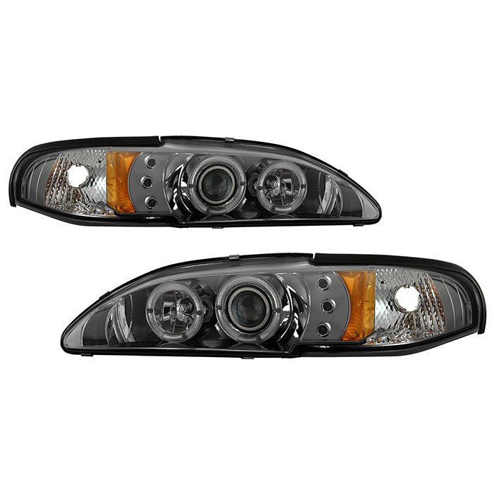 ( Spyder Signature ) Fits Ford Mustang 94-98 1PC Projector Headlights - LED Halo - Amber Reflector - LED ( Replaceable LEDs ) - Smoke - High 9005 (Included) - Low H3 (Included)