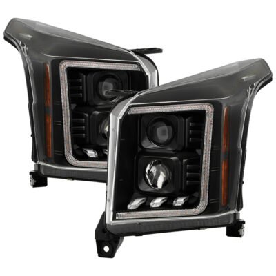 ( Spyder Signature ) Fits GMC Yukon 2015 - 2020 Factory Halogen Model Only ( Not Compatible With Factory Xenon/HID Model ) Projector Headlights - Greeting Light Animation Show - LED Crystal Light Bar Parking Lights - Sequential LED Switchback Turn Signal Lights - Low Beam: H11 (Included) - High Beam: H7 (Included) - Turn Signal: LED (Included) - Black