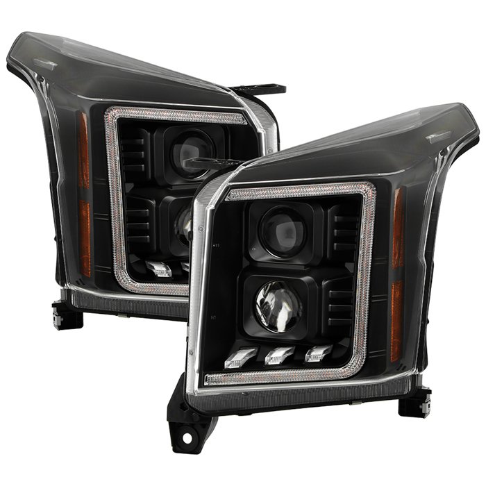 ( Spyder Signature ) Fits GMC Yukon 2015 - 2020 Factory Halogen Model Only ( Not Compatible With Factory Xenon/HID Model ) Projector Headlights - Greeting Light Animation Show - LED Crystal Light Bar Parking Lights - Sequential LED Switchback Turn Signal Lights - Low Beam: H11 (Included) - High Beam: H7 (Included) - Turn Signal: LED (Included) - Black