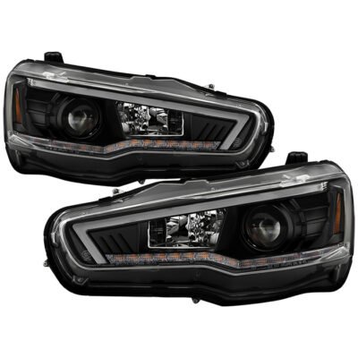 ( Spyder Signature ) Fits Mitsubishi Lancer / EVO-10 2008-2017 Halogen Model Only ( Not Compatible With Xenon/HID Model ) Projector Headlights - Sequential LED Turn Signal - LED White Light Bar Parking Light - Low Beam: H7 (Included) - High Beam: H1 (Included) - Turn Signal: LED (Included) - Black