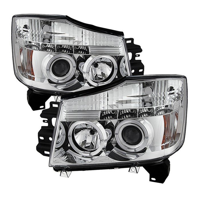 ( Spyder Signature ) Fits Nissan Titan 04-15 / Nissan Armada 04-07 Projector Headlights - LED Halo - LED ( Replaceable LEDs ) - Chrome - High H1 (Included) - Low 9006 (Not Included)