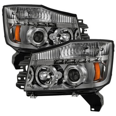 ( Spyder Signature ) Fits Nissan Titan 04-15 / Nissan Armada 04-07 Projector Headlights - LED Halo - LED ( Replaceable LEDs ) - Smoke - High H1 (Included) - Low 9006 (Not Included)
