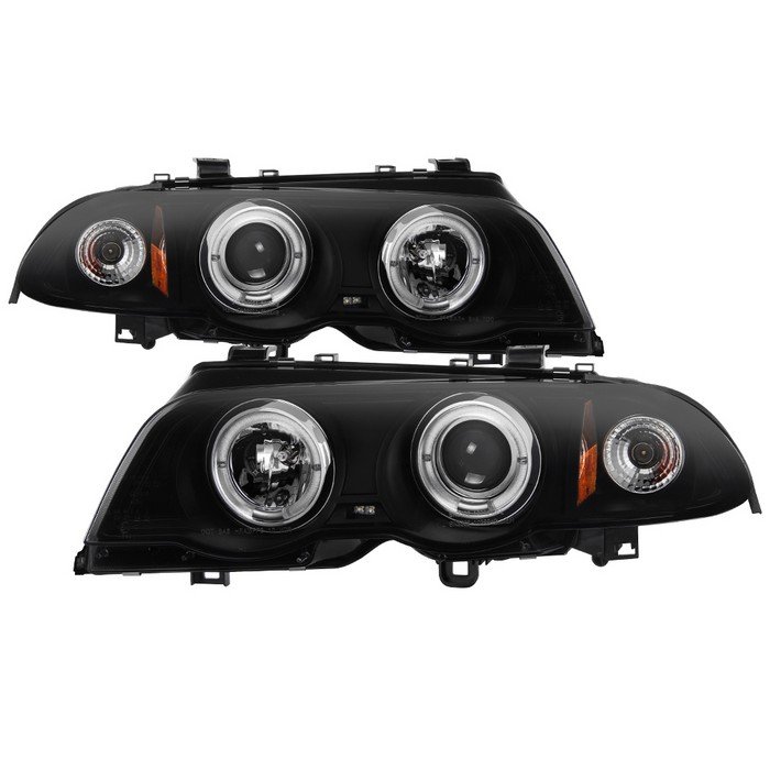 ( Spyder Signature ) Fits BMW E46 3-Series 99-01 4DR Projector Headlights 1PC - LED Halo - Amber Reflector - Black Smoke - High H1 (Included) - Low H1 (Included)