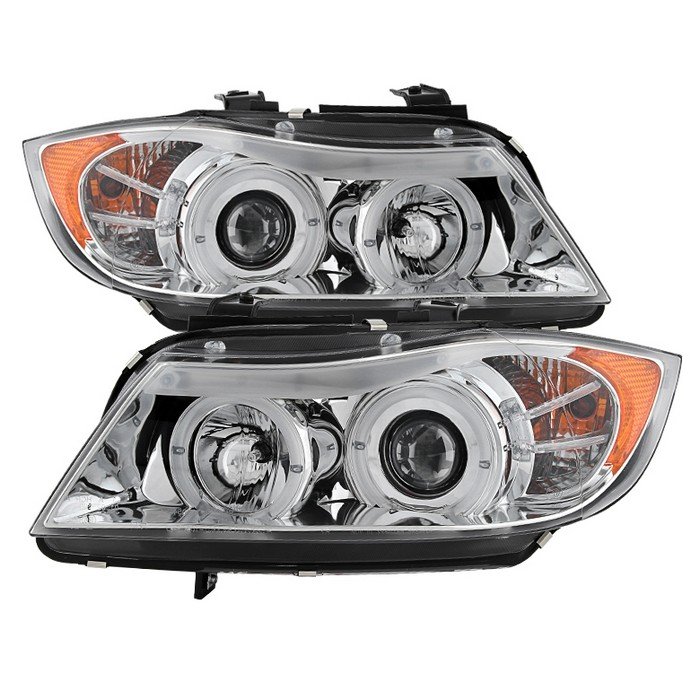 ( Spyder Signature ) Fits BMW E90 3-Series 06-08 4DR Projector Headlights - LED Halo - Amber Reflector - Replaceable Eyebrow Bulb - Chrome - High H1 (Included)
