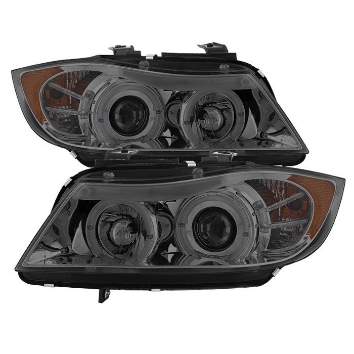 ( Spyder Signature ) Fits BMW E90 3-Series 06-08 4DR Projector Headlights - LED Halo - Amber Reflector - Replaceable Eyebrow Bulb - Smoke- High H1 (Included)