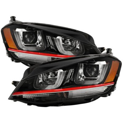 ( Spyder Signature ) Fits Volkswagen Golf VII 14-19 (Halogen model only) Projector Headlights - DRL LED - Red Stripe - Low Beam-H7(Not Included) ; High Beam-H1(Insluded) ; Signal-PY21W(Included) - Black