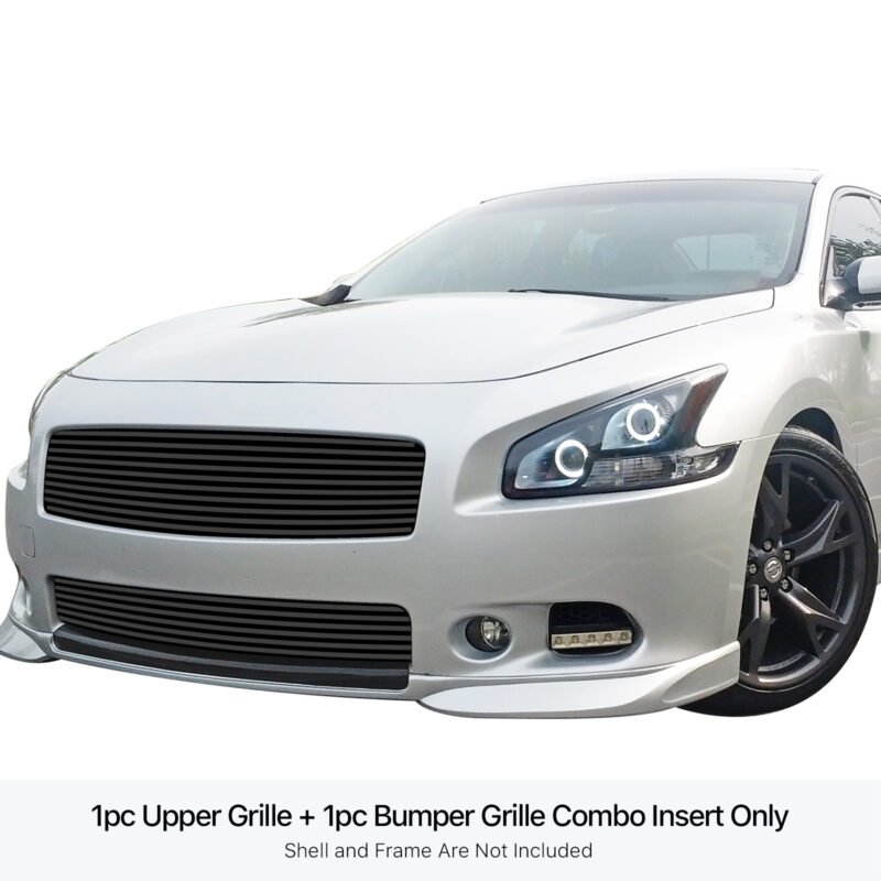 Fits 2009-2014 Nissan Maxima Main Upper + Lower Bumper Black Stainless Steel Billet Grille - Image 3