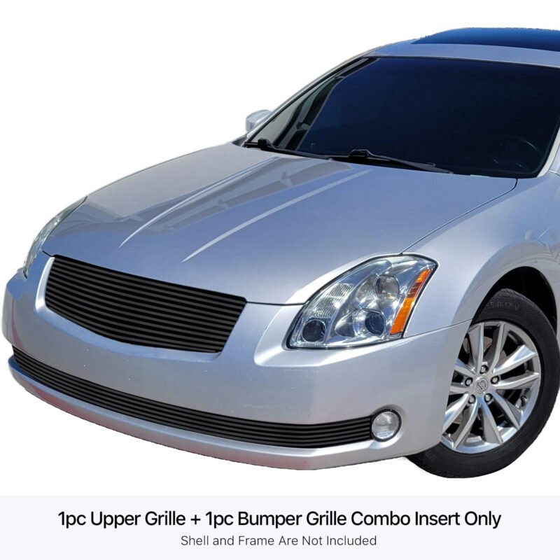 Fits 2004-2006 Nissan Maxima Main Upper + Lower Bumper Black Stainless Steel Billet Grille - Image 3