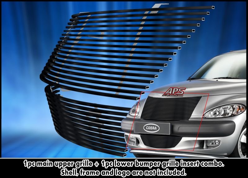 Fits 2000-2005 Chrysler PT Cruiser (Not for GT or Turbo models with intercooler) Main Upper + Lower Bumper Black Stainless Steel Billet Grille