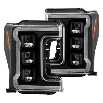 Fits ( Spyder Apex ) Ford F-250/F-350/F450 Super Duty 2017-2019 Factory LED Model ( Not Compatible With Factory Halogen Model ) High-Power LED Module Headlights - Greeting Light Animation - Switchback Sequential Turn Signal Lights - Black