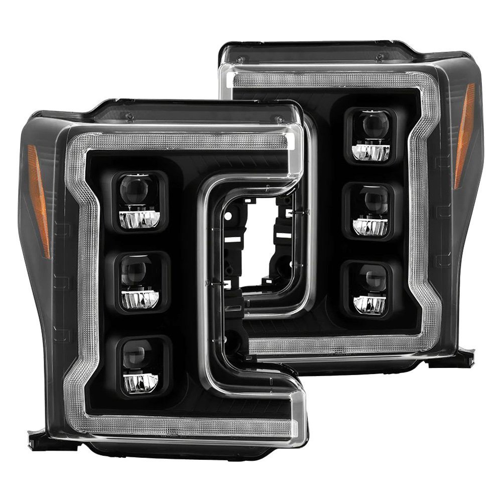 Fits ( Spyder Apex ) Ford F-250/F-350/F450 Super Duty 2017-2019 Factory LED Model ( Not Compatible With Factory Halogen Model ) High-Power LED Module Headlights - Greeting Light Animation - Switchback Sequential Turn Signal Lights - Black