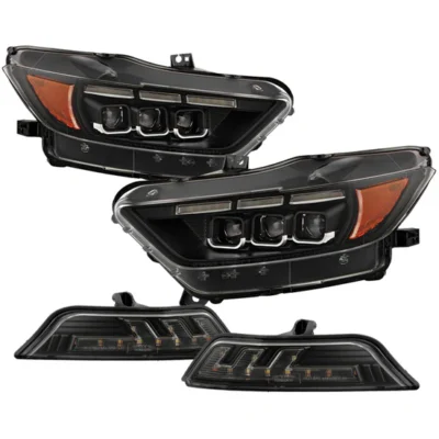 Fits ( Spyder Apex ) Ford Mustang 2015 - 2017 High-Power LED Module (High And Low Beam) Equipped Headlights With Bumper Lights - Greeting Lights - Sequential LED Turn Signal - LED Clear Light Bar Parking Lights - Black
