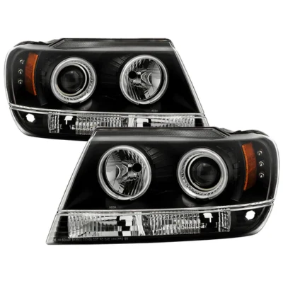 Fits ( Spyder Signature ) Jeep Grand Cherokee 99-04 Projector Headlights - CCFL Halo - LED ( Replaceable LEDs ) - Black - High 9005 (Not Included) - Low 9006 (Not Included)