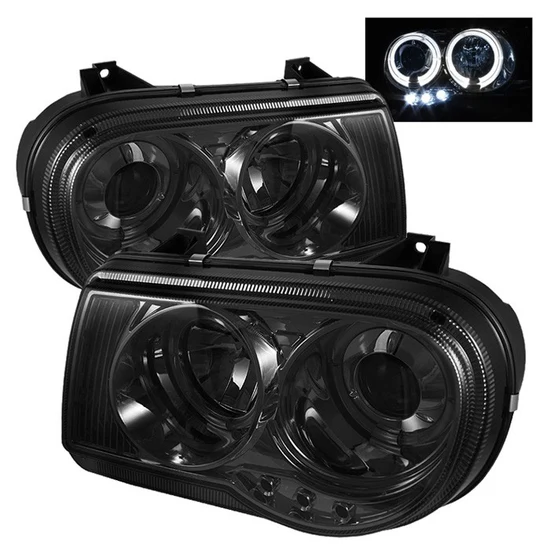 Fits ( Spyder Signature ) Chrysler 300C 05-10 Projector Headlights - LED Halo - LED ( Replaceable LEDs ) - Smoke - High H1 (Included) - Low 9006 (Not Included)