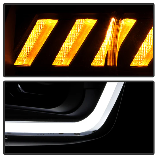 Fits ( Spyder Signature ) Chevy Camaro 2010-2013 Factory Halogen Model Only ( Not Compatible With Factory Xenon/HID Model ) Projector Headlights - Sequential LED Switchback Turn Signal Lights - LED Crystal Light Bar Parking Lights - Black - Image 2