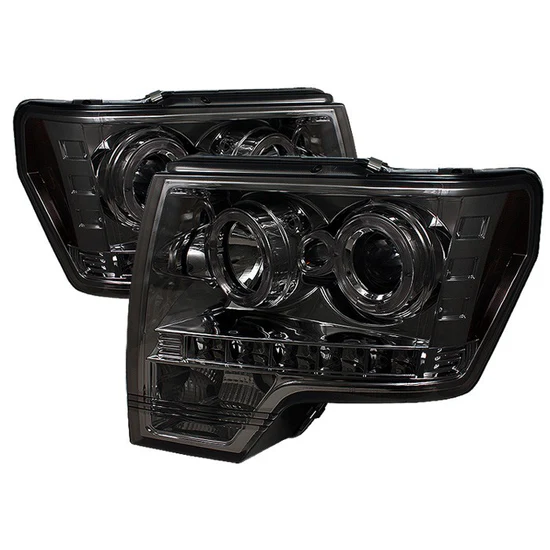 Fits ( Spyder Signature ) Ford F150 09-14 Projector Headlights - Halogen Model Only ( Not Compatible With Xenon/HID Model ) - LED Halo - LED ( Replaceable LEDs ) - Smoke - High H1 (Included) - Low H1 (Included)