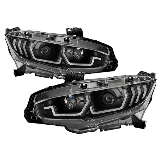 Fits ( Spyder Signature ) Honda Civic 2016-2020 2DR/4DR/Hatchback ( Not Compatible With Factory LED Headlight Equipped Vehicles ) Projector Headlights - Sequential Crystal Light Bar Turn Signal Light - DRL Light Bar Parking Light - Greeting Light - Black