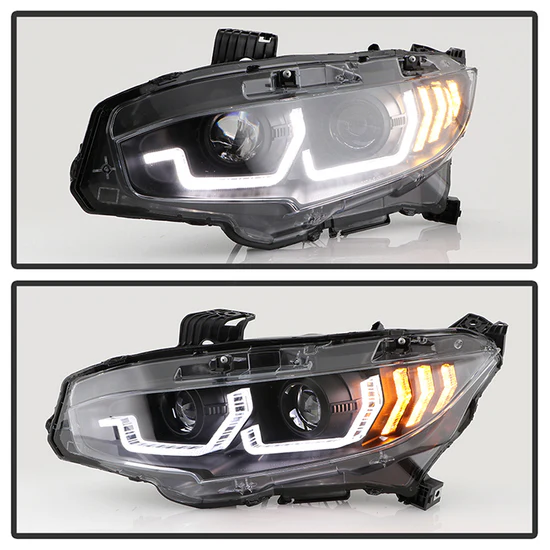 Fits ( Spyder Signature ) Honda Civic 2016-2020 2DR/4DR/Hatchback ( Not Compatible With Factory LED Headlight Equipped Vehicles ) Projector Headlights - Sequential Crystal Light Bar Turn Signal Light - DRL Light Bar Parking Light - Greeting Light - Black - Image 2