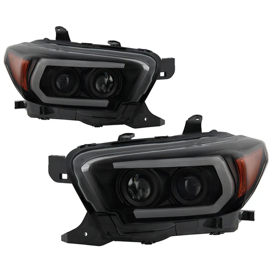 Fits ( Spyder Signature ) Toyota Tacoma 2016-2022 (fits models with OE halogen with LED DRL) Projector Headlights - Sequential LED Turn Signal - Low Beam-H11(Not Included) ; High Beam-H9(Not Included) ; Signal-LED(Included) - Black Smoke