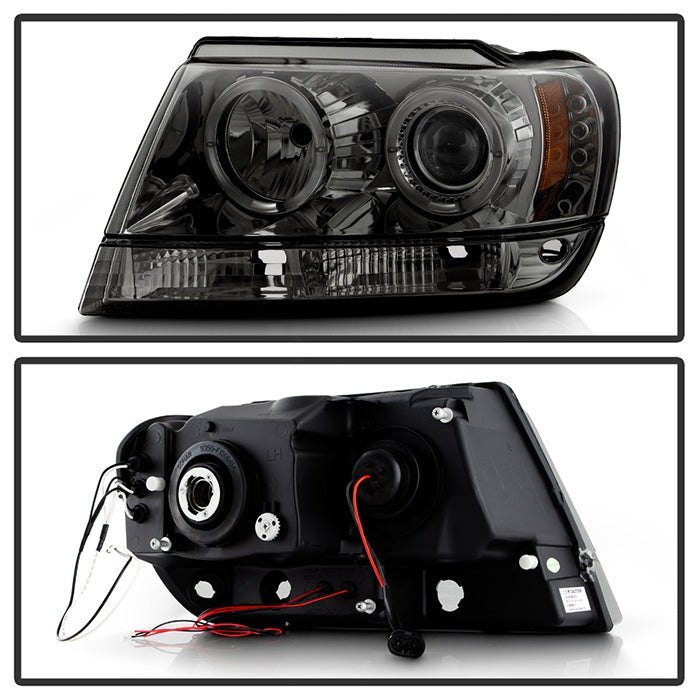 Fits ( Spyder Signature ) Jeep Grand Cherokee 99-04 Projector Headlights - LED Halo - LED ( Replaceable LEDs ) - Smoke - High 9005 (Not Included) - Low 9006 (Not Included) - Image 9