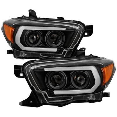 Fits ( Spyder Signature ) Toyota Tacoma 2016-2022 (fits models with OE halogen without LED DRL) Projector Headlights - Sequential LED Turn Signal - Low Beam-H11(Not Included) ; High Beam-H9(Not Included) ; Signal-LED(Included) - Black