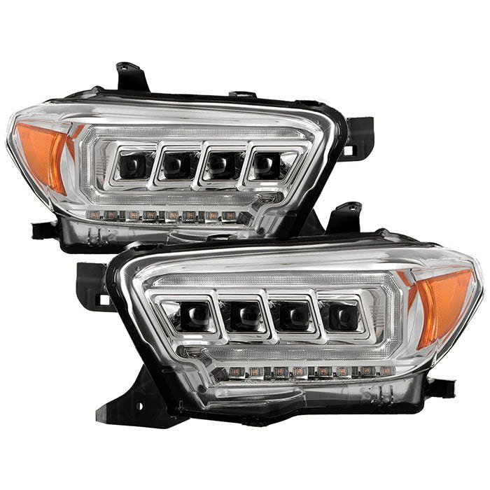 Fits ( Spyder Apex ) Toyota Tacoma 2016-2022 (fits models with OE halogen with LED DRL) Multi-Beam High-Power LED Module Equipped Headlights - Sequential LED Turn Signal - DRL Crystal Light Bar Parking Light - Chrome