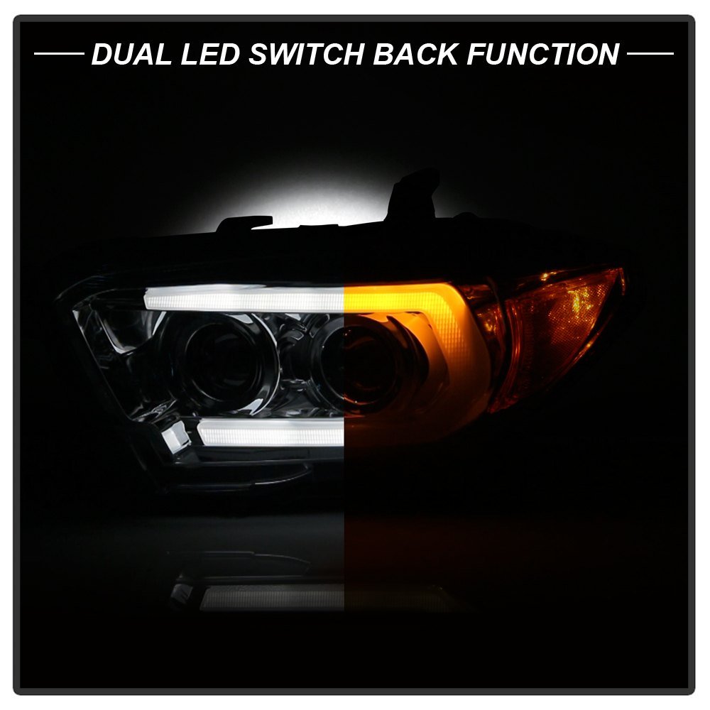 Fits ( Spyder Signature ) Toyota Tacoma 2016-2022 (fits models with OE halogen with LED DRL) Projector Headlights - Sequential LED Turn Signal - Low Beam-H11(Not Included) ; High Beam-H9(Not Included) ; Signal-LED - Chrome - Image 2