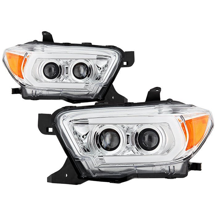 Fits ( Spyder Signature ) Toyota Tacoma 2016-2022 (fits models with OE halogen with LED DRL) Projector Headlights - Sequential LED Turn Signal - Low Beam-H11(Not Included) ; High Beam-H9(Not Included) ; Signal-LED - Chrome
