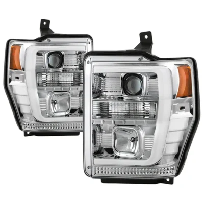Fits ( Spyder Platinum ) Ford F-250/350/450 Super Duty 2008-2010 Version 2 High-Power LED Module ( Low Beam ) Equipped Headlights - Switch Back White Light Bar Turn Signal Light And Parking Light - Chrome
