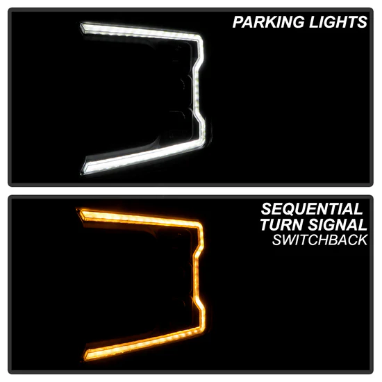 Fits ( Spyder Apex ) Ford F150 2018-2020 Factory Halogen Model Only ( Not Compatible With Factory LED Model ) High-Power LED Module Equipped Headlights - Sequential LED Switchback Turn Signal Lights - LED Crystal Light Bar Parking Lights - Black - Image 3