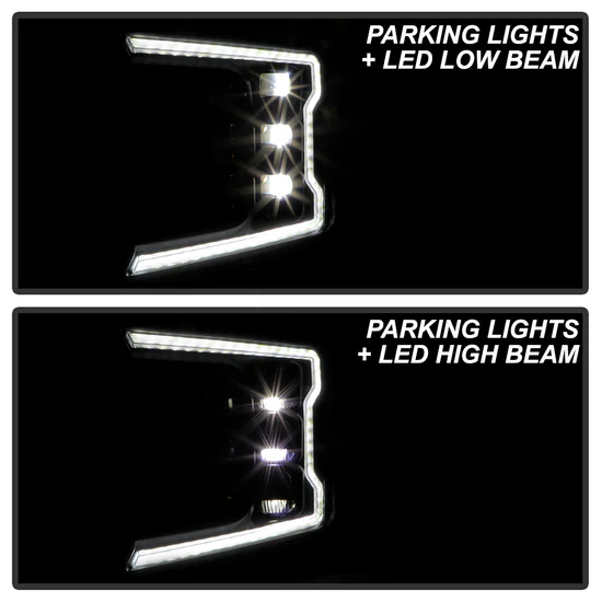 Fits ( Spyder Apex ) Ford F150 2018-2020 Factory Halogen Model Only ( Not Compatible With Factory LED Model ) High-Power LED Module Equipped Headlights - Sequential LED Switchback Turn Signal Lights - LED Crystal Light Bar Parking Lights - Black - Image 2