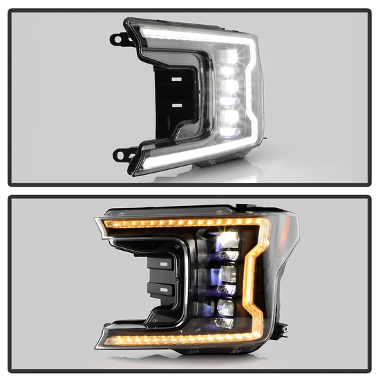 Fits ( Spyder Apex ) Ford F150 2018-2020 Factory Halogen Model Only ( Not Compatible With Factory LED Model ) High-Power LED Module Equipped Headlights - Sequential LED Switchback Turn Signal Lights - LED Crystal Light Bar Parking Lights - Black - Image 6