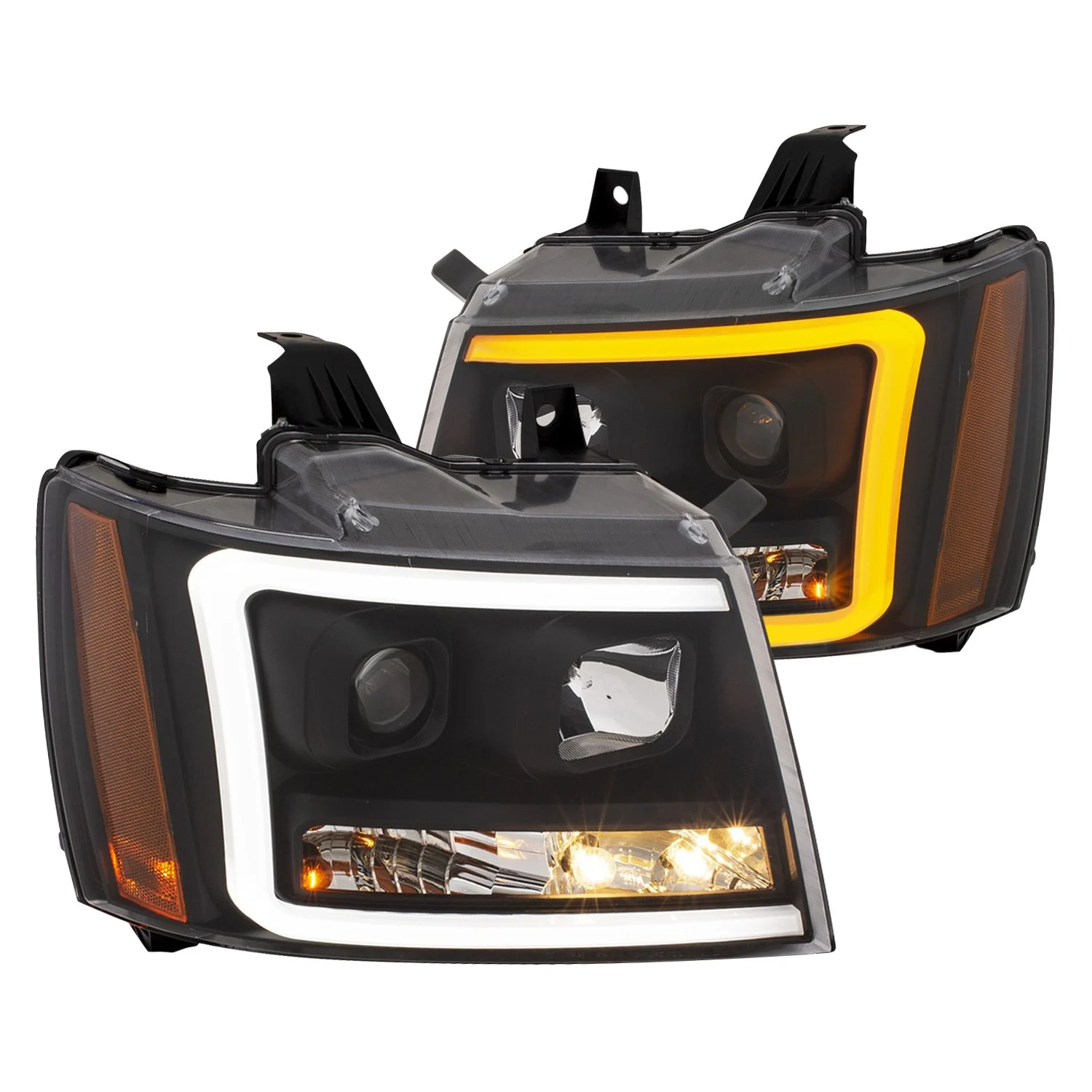Fits CHEVY TAHOE/ SUBURBAN 07-14 / AVALANCHE 07-13 PROJECTOR PLANK STYLE SWITCHBACK HEADLIGHTS BLACK