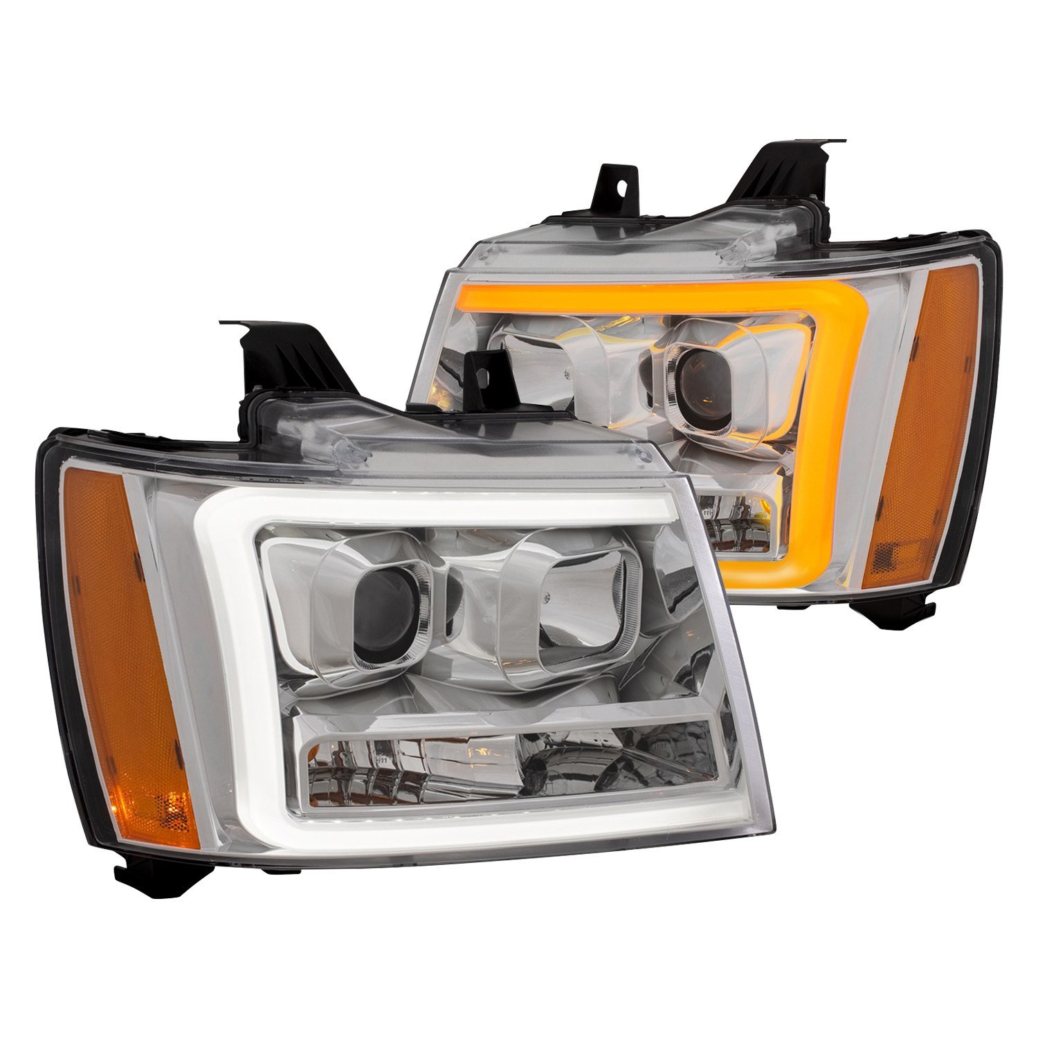Fits CHEVY TAHOE/ SUBURBAN 07-14 / AVALANCHE 07-13 PROJECTOR PLANK STYLE SWITCHBACK HEADLIGHTS CHROME