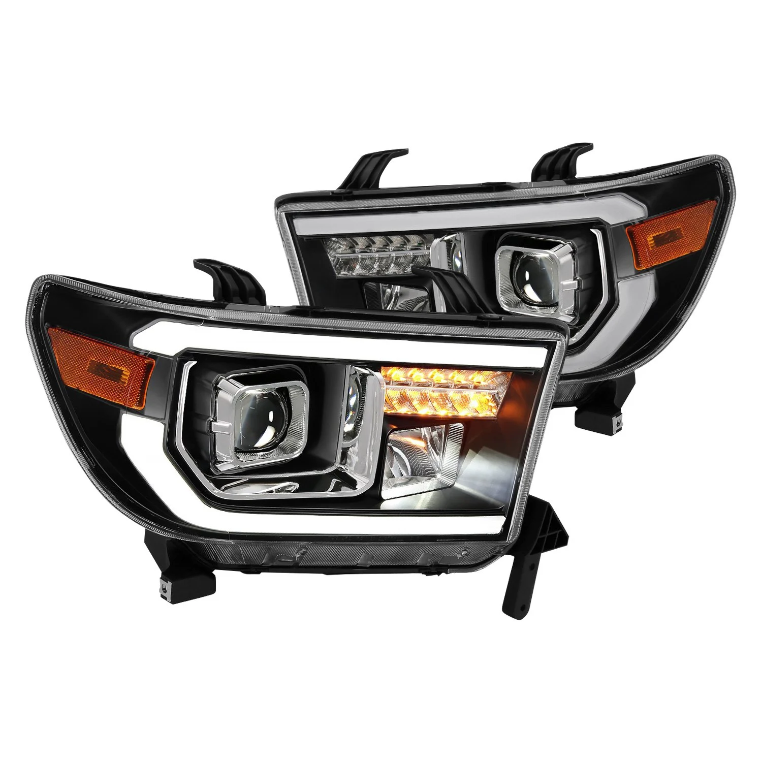 Fits TOYOTA TUNDRA 07-13 / SEQUOIA 08-17 HALOGEN PROJECTOR PLANK STYLE HEADLIGHTS BLACK (LED HIGH BEAM)