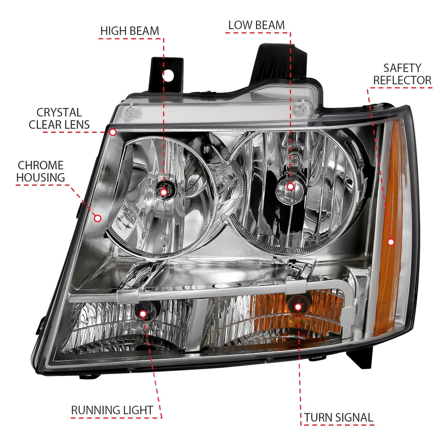 Fits CHEVY TAHOE/ SUBURBAN 07-14 / AVALANCHE 07-13 CRYSTAL HEADLIGHTS CHROME (OE REPLACEMENT) - Image 2