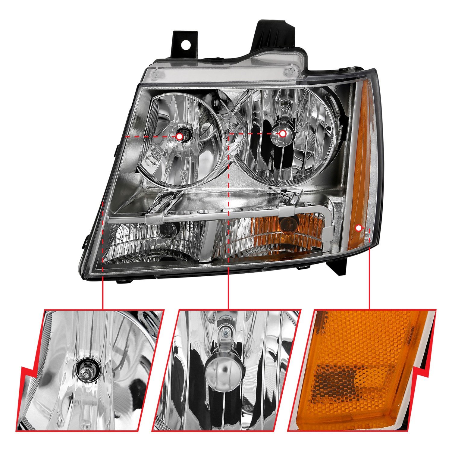 Fits CHEVY TAHOE/ SUBURBAN 07-14 / AVALANCHE 07-13 CRYSTAL HEADLIGHTS CHROME (OE REPLACEMENT) - Image 4
