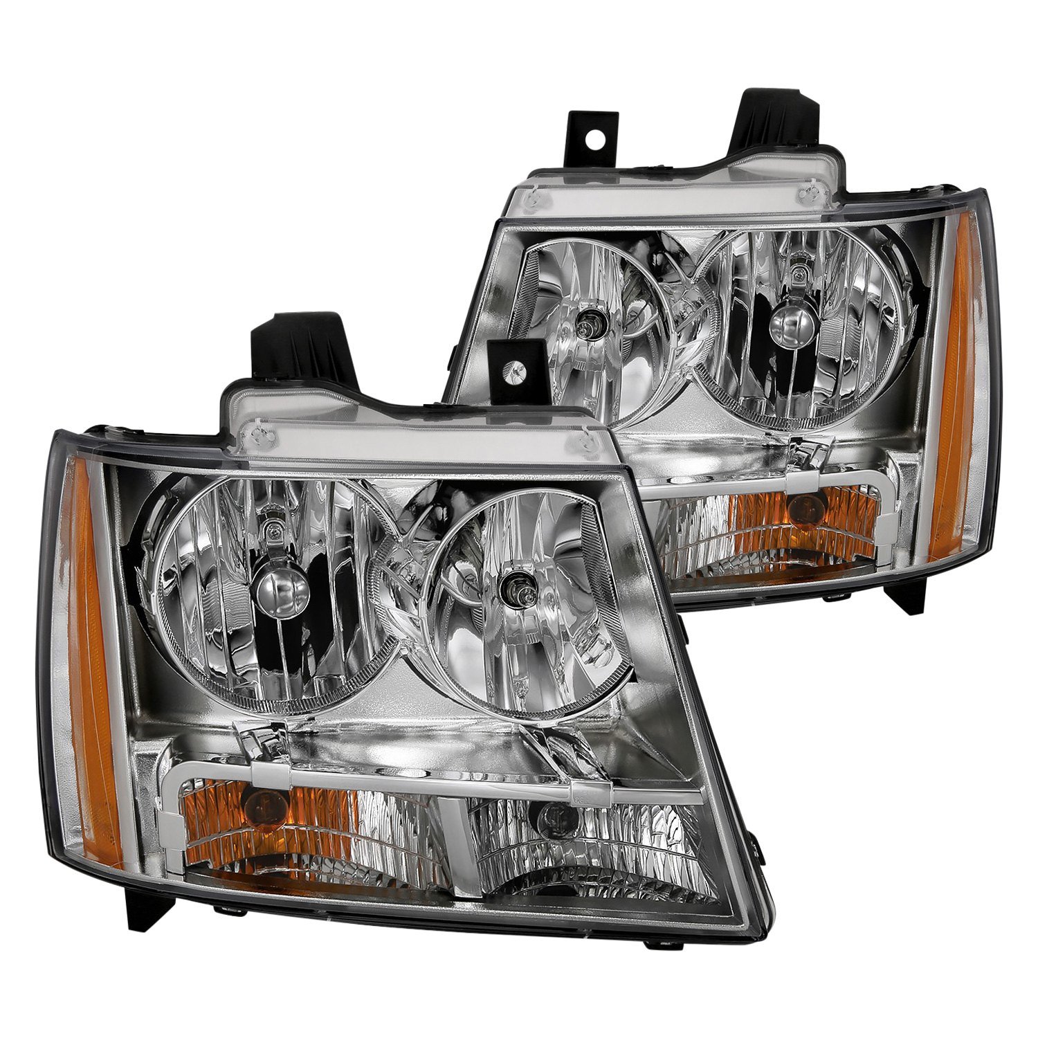 Fits CHEVY TAHOE/ SUBURBAN 07-14 / AVALANCHE 07-13 CRYSTAL HEADLIGHTS CHROME (OE REPLACEMENT)