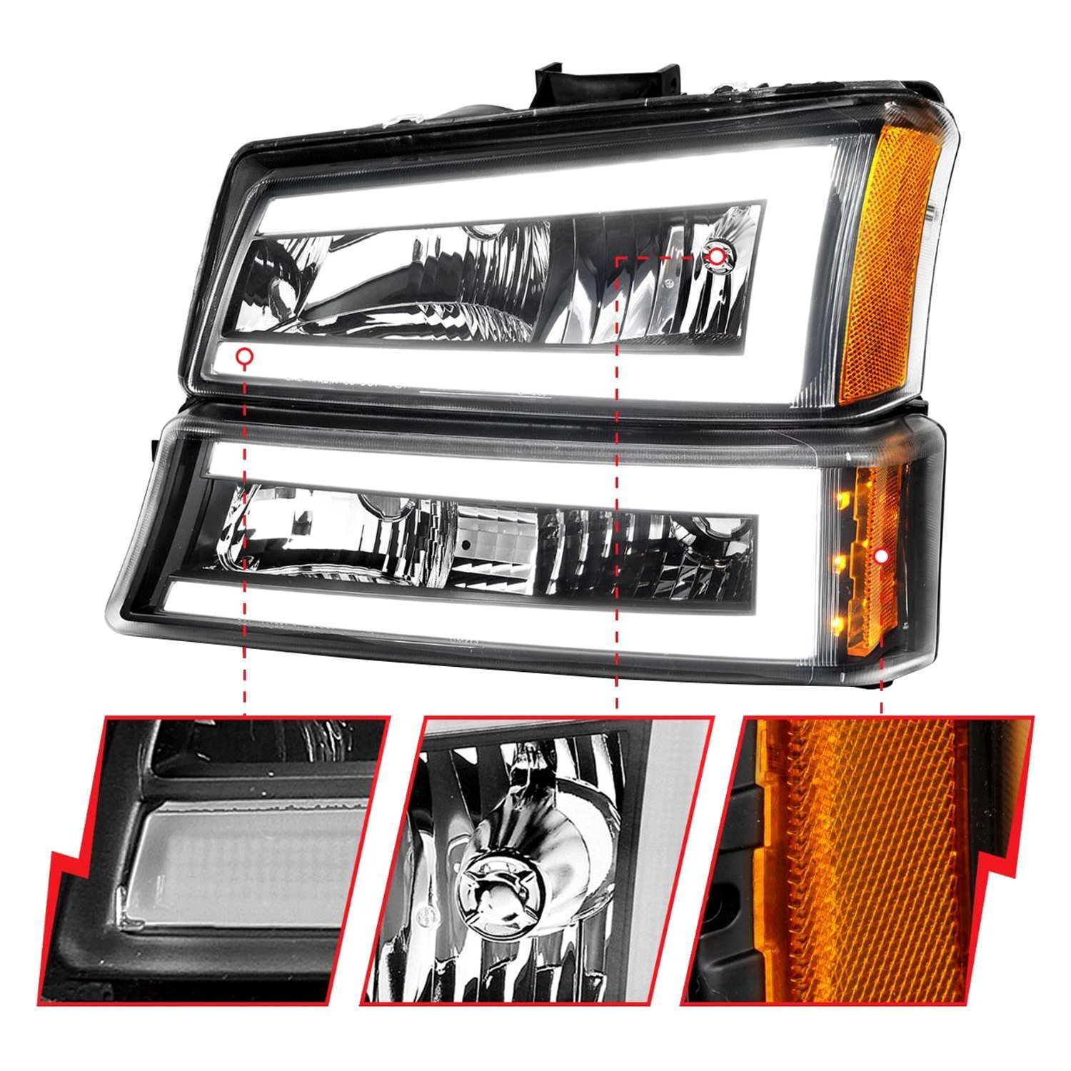 Fits CHEVY SILVERADO / AVALANCHE 03-06 / 07 CLASSIC CRYSTAL LED PLANK HEADLIGHTS W/ PARKING/SIGNAL LIGHT BLACK(4 PCS) - Image 4