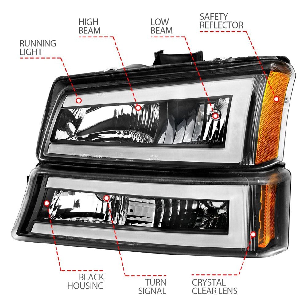 Fits CHEVY SILVERADO / AVALANCHE 03-06 / 07 CLASSIC CRYSTAL LED PLANK HEADLIGHTS W/ PARKING/SIGNAL LIGHT BLACK(4 PCS) - Image 2