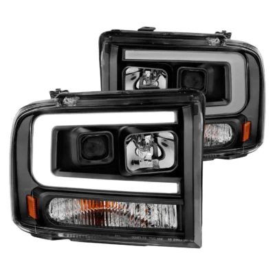 Fits FORD F-250/350/450/550 SUPER DUTY 05-07 / EXCURSION 05 PROJECTOR PLANK STYLE HEADLIGHTS BLACK