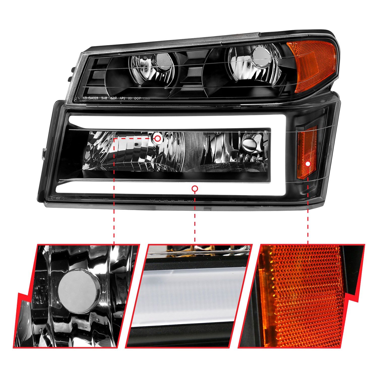 Fits CHEVY COLORADO / GMC CANYON 04-12 CRYSTAL PLANK STYLE HEADLIGHTS BLACK W/ PARKING/SIGNAL LIGHTS 4PCS - Image 5