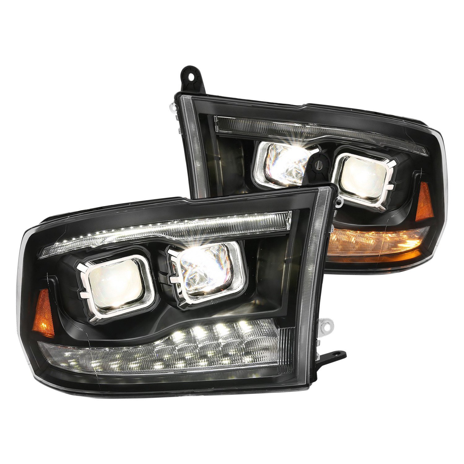 Fits DODGE RAM 1500 09-18 / RAM 2500/3500 10-18 DUAL LED PROJECTOR SWITCHBACK HEADLIGHTS BLACK (FOR ALL MODELS)
