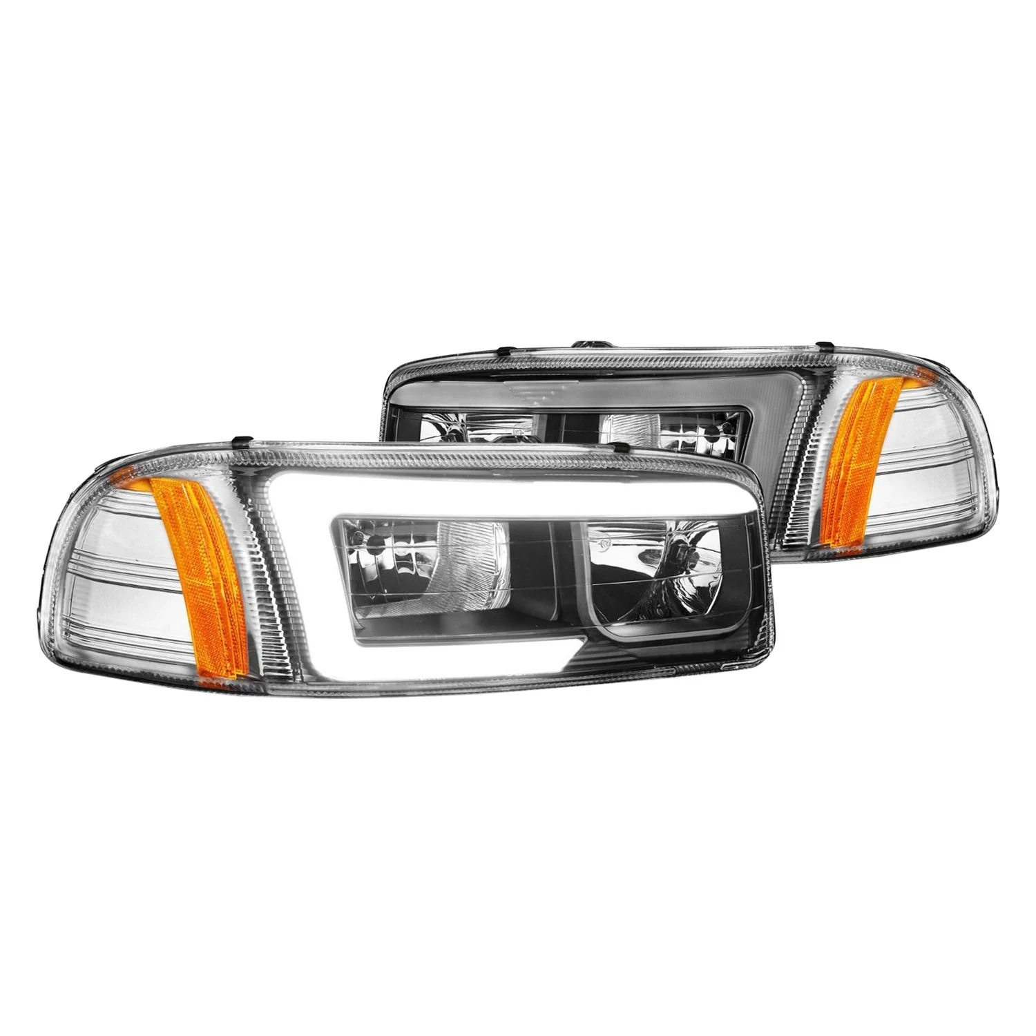 Fits GMC SIERRA/SIERRA DENALI 99-06 / SIERRA CLASSIC 07 / YUKON/YUKON XL/YUKON DENALI 00-06 CRYSTAL PLANK STYLE HEADLIGHTS BLACK