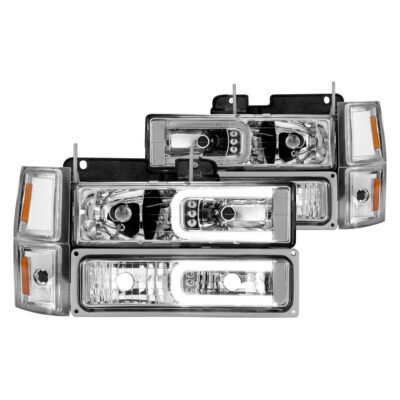 Fits CHEVY C/K1500/2500 94-98 / C/K 3500 94-00 / SUBURBAN 94-99 / TAHOE 95-99 / BLAZER (FULL SIZE) 94 CRYSTAL C BAR STYLE HEADLIGHTS W/ SIGNAL & SIDE MARKERS (8PCS) SET CHROME (BULBS NOT INLCUDED)