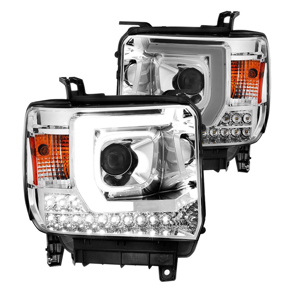 Fits GMC SIERRA 1500 14-15 /2500HD/3500HD 15-19 PROJECTOR C BAR HEADLIGHTS CHROME (FOR HALOGEN MODELS W/O FACTORY LED DRL)