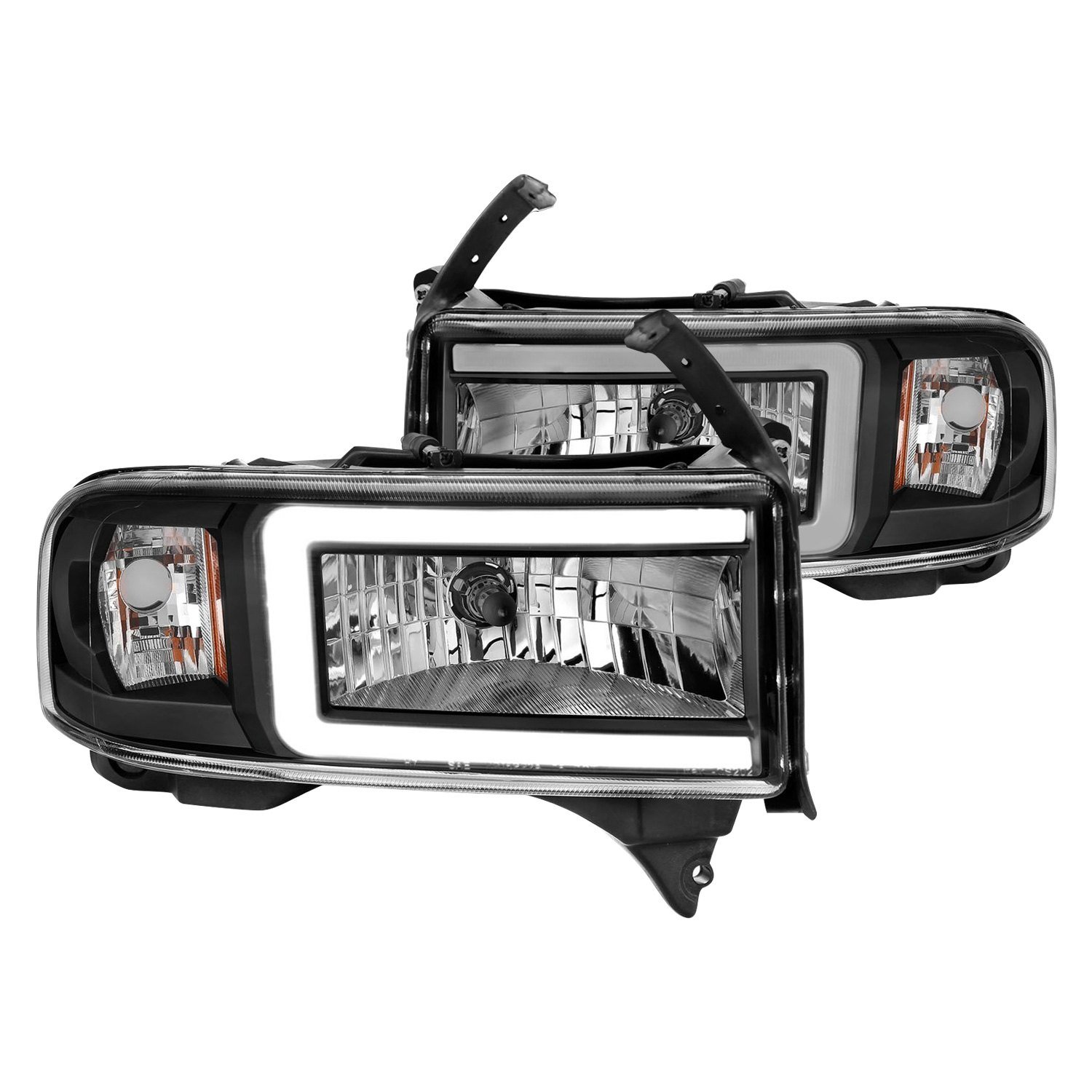 Fits DODGE RAM 1500 94-01 / RAM 2500/3500 94-02/ RAM SPORT MODEL 94-98 CRYSTAL PLANK STYLE HEADLIGHTS BLACK (DUAL LIGHT MODELS ONLY)