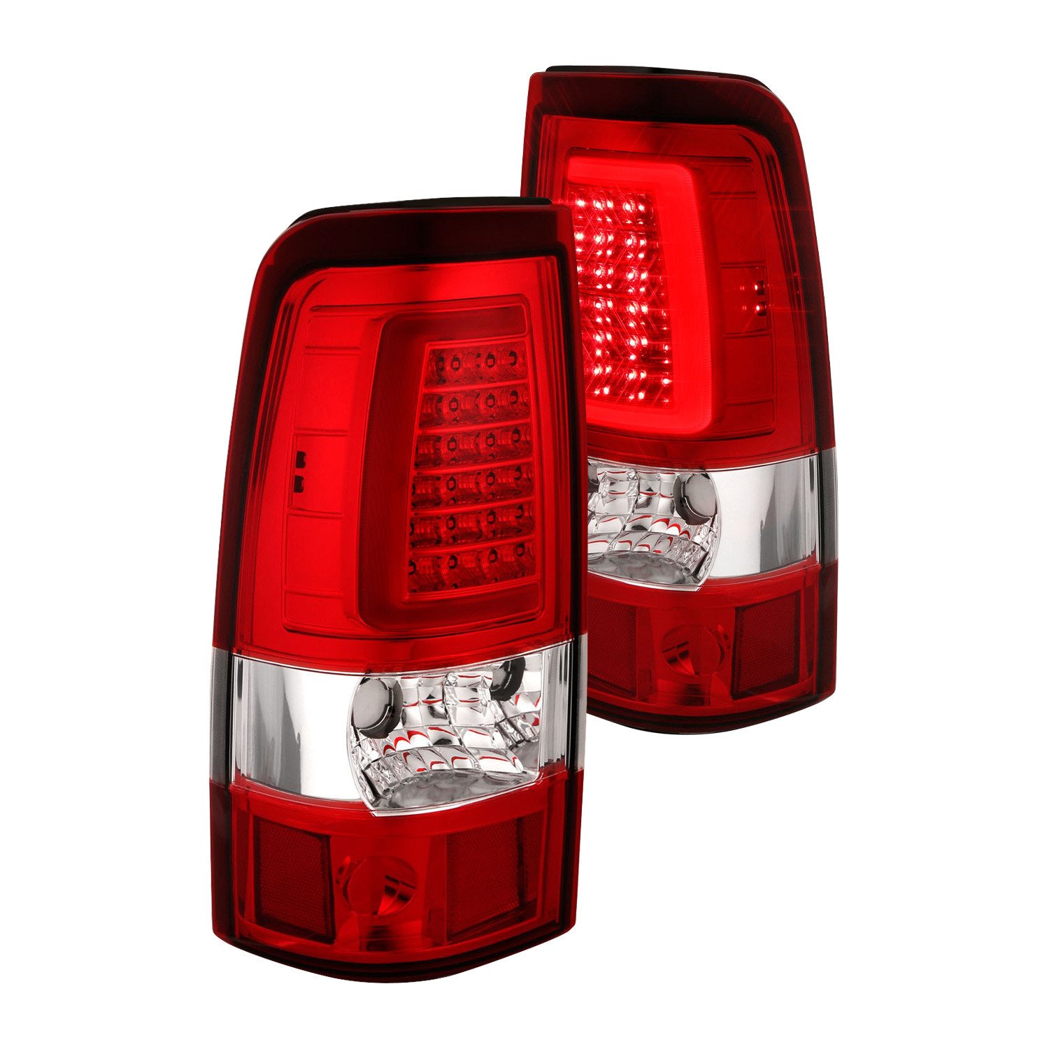 Fits CHEVY SILVERADO 03-06 1500/2500/3500 / 07 SILVERADO CLASSIC LED C BAR STYLE TAIL LIGHTS CHROME RED LENS (SINGLE REAR WHEEL)
