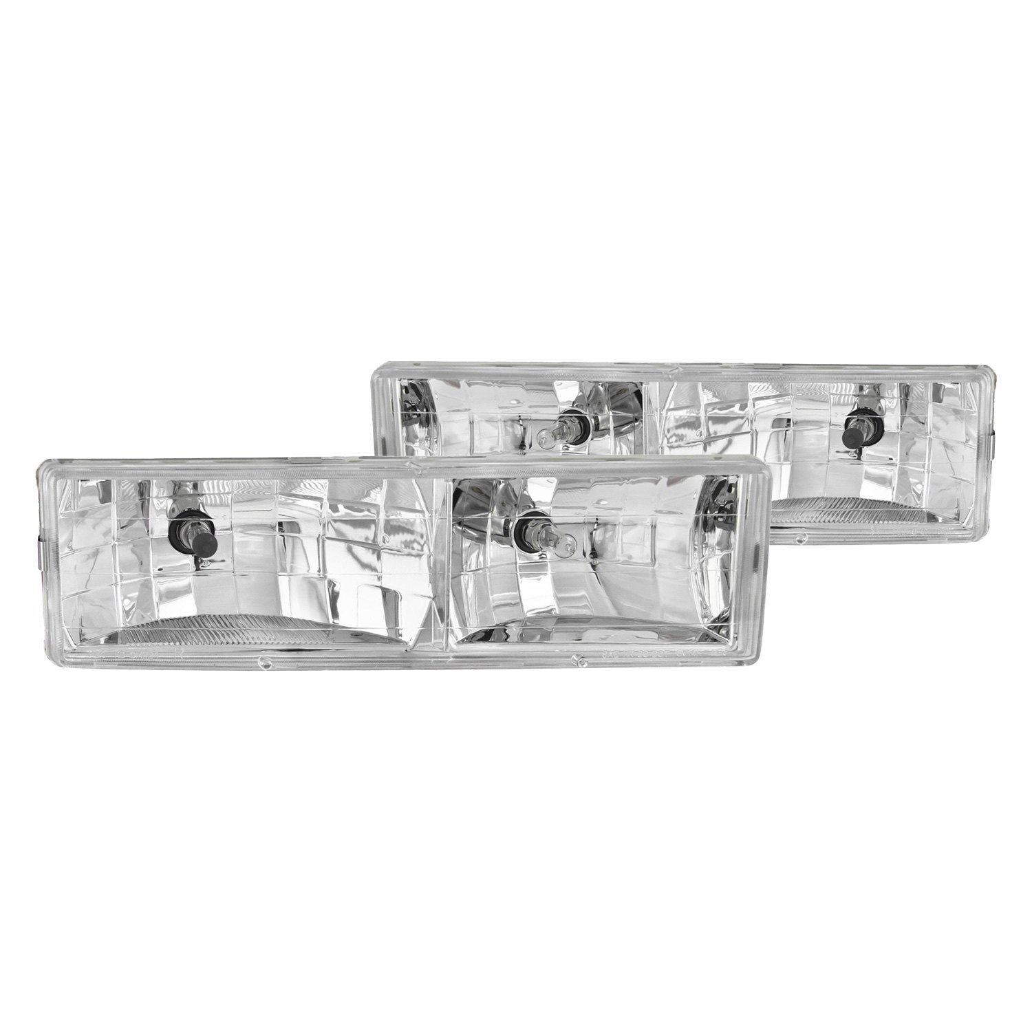 Fits CHEVY/GMC C/K1500/2500 88-98 / C/K3500 88-00 / SUBURBAN 92-99 / BLAZER (FULL-SIZE) 92-94 / TAHOE 95-99 / YUKON 92-99 CRYSTAL HEADLIGHTS CHROME